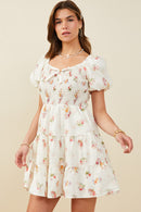 HY9415 Cream Womens Bow Detailed Smocked Textured Floral Dress Back