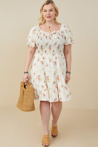 HY9415 Cream Womens Bow Detailed Smocked Textured Floral Dress Front