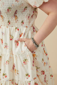 HY9415W Cream Plus Bow Detailed Smocked Textured Floral Dress Gif