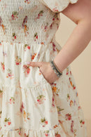 HY9415W Cream Plus Bow Detailed Smocked Textured Floral Dress Gif