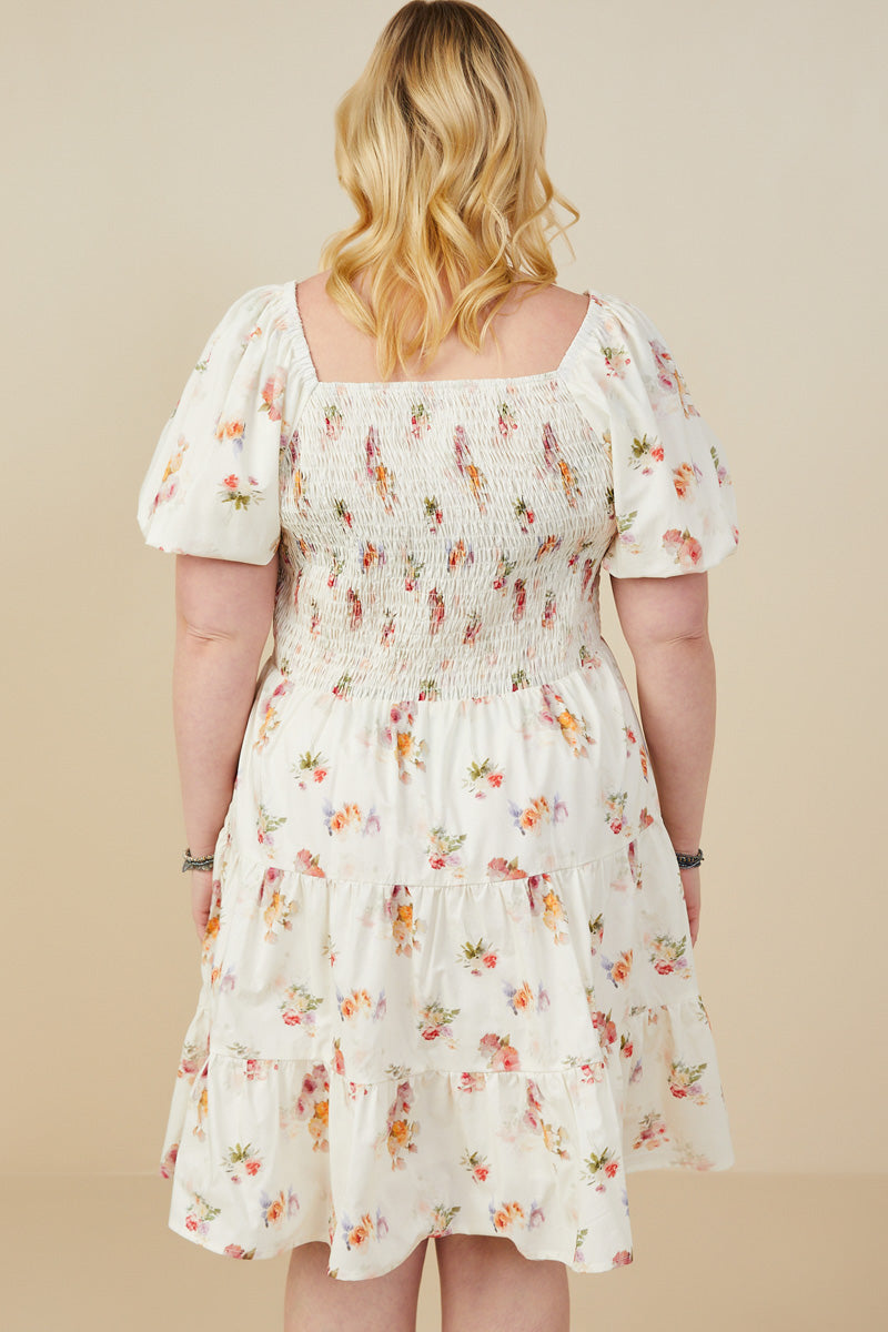 HY9415W Cream Plus Bow Detailed Smocked Textured Floral Dress Full Body