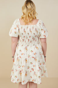 HY9415W Cream Plus Bow Detailed Smocked Textured Floral Dress Full Body