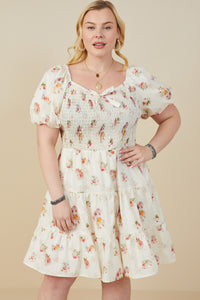 HY9415W Cream Plus Bow Detailed Smocked Textured Floral Dress Detail