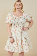 HY9415W Cream Plus Bow Detailed Smocked Textured Floral Dress Detail