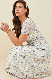 HY9427 Blue Womens Bow Detail Smocked Waist Floral Dress Pose