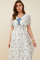 HY9427 Blue Womens Bow Detail Smocked Waist Floral Dress Gif
