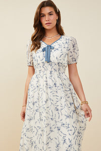 HY9427 Blue Womens Bow Detail Smocked Waist Floral Dress Gif