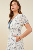 HY9427 Blue Womens Bow Detail Smocked Waist Floral Dress Front
