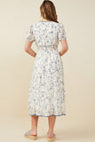 HY9427 Blue Womens Bow Detail Smocked Waist Floral Dress Side