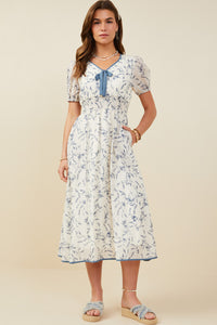 HY9427 Blue Womens Bow Detail Smocked Waist Floral Dress Back