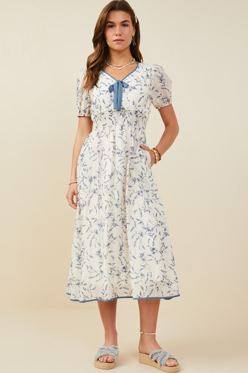 HY9427 Blue Womens Bow Detail Smocked Waist Floral Dress Back