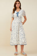 HY9427 Blue Womens Bow Detail Smocked Waist Floral Dress Back