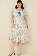 HY9427W Blue Plus Bow Detail Smocked Waist Floral Dress Full Body