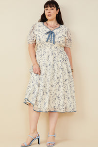 HY9427W Blue Plus Bow Detail Smocked Waist Floral Dress Full Body