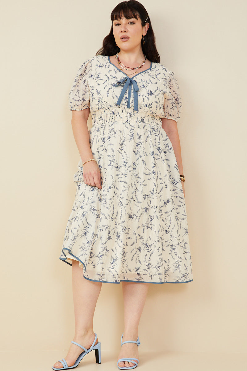 HY9427W Blue Plus Bow Detail Smocked Waist Floral Dress Full Body