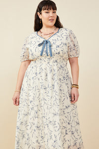 HY9427 Blue Womens Bow Detail Smocked Waist Floral Dress Full Body