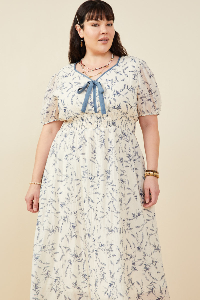 HY9427 Blue Womens Bow Detail Smocked Waist Floral Dress Full Body