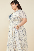 HY9427W Blue Plus Bow Detail Smocked Waist Floral Dress Gif