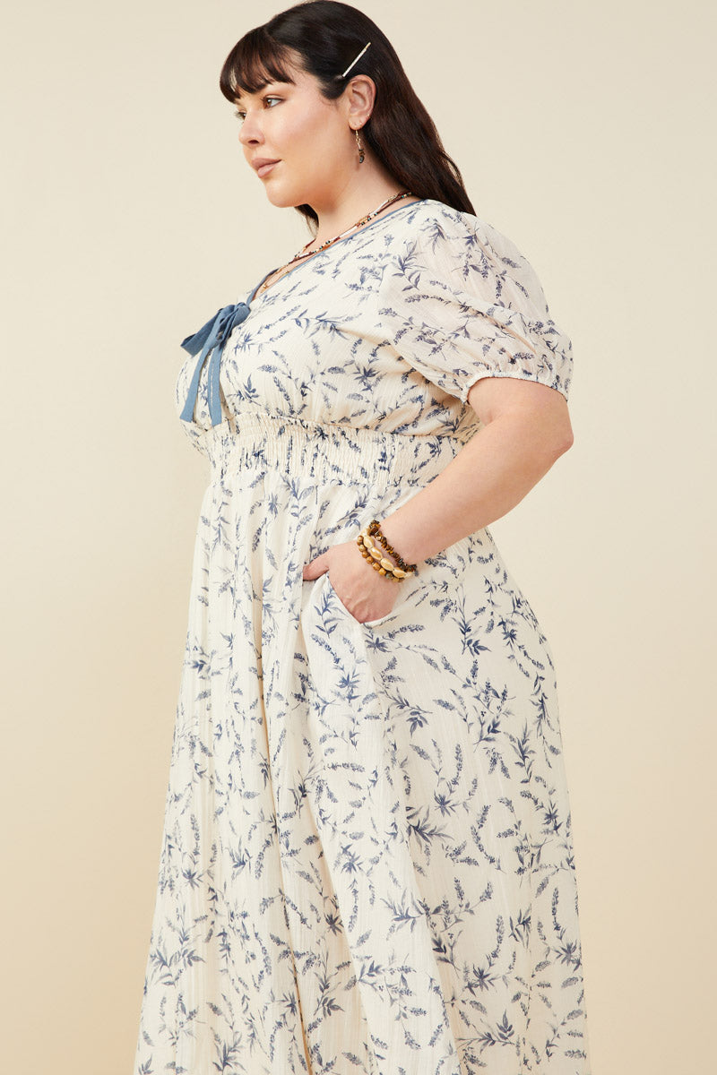 HY9427W Blue Plus Bow Detail Smocked Waist Floral Dress Gif