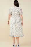 HY9427W Blue Plus Bow Detail Smocked Waist Floral Dress Front