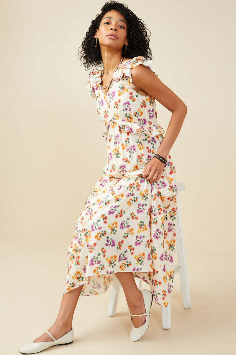 Floral Ruffle Detailed V Neck Tank Dress