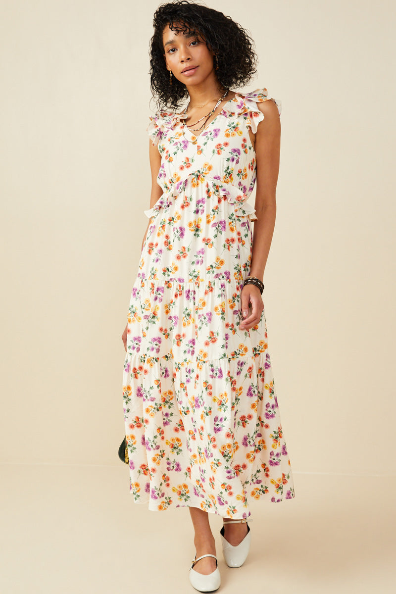 Floral Ruffle Detailed V Neck Tank Dress