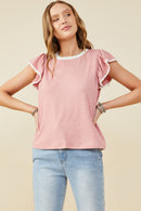 HY9444 Pink Womens Heathered Contrast Piped Ruffle Top Front