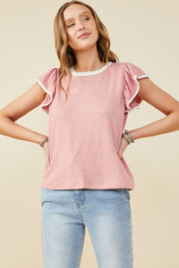 HY9444 Pink Womens Heathered Contrast Piped Ruffle Top Front
