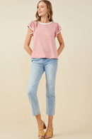 HY9444 Pink Womens Heathered Contrast Piped Ruffle Top Gif
