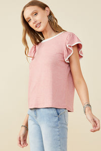 HY9444 Pink Womens Heathered Contrast Piped Ruffle Top Full Body