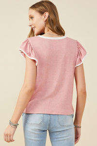 HY9444 Pink Womens Heathered Contrast Piped Ruffle Top Side