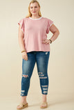 HY9444 Pink Womens Heathered Contrast Piped Ruffle Top Back
