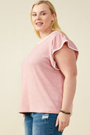 HY9444W Pink Plus Heathered Contrast Piped Ruffle Top Gif