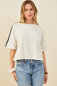 HY9445 Taupe Womens Contrast Stitch Detail Drop Shoulder Knit Top Front