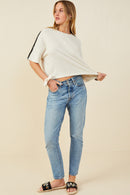 HY9445 Taupe Womens Contrast Stitch Detail Drop Shoulder Knit Top Gif