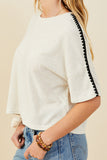 HY9445 Taupe Womens Contrast Stitch Detail Drop Shoulder Knit Top Full Body