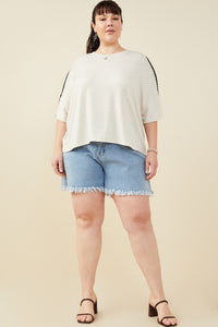 HY9445W Taupe Plus Contrast Stitch Detail Drop Shoulder Knit Top Gif