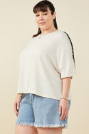 HY9445W Taupe Plus Contrast Stitch Detail Drop Shoulder Knit Top Full Body