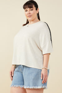 HY9445W Taupe Plus Contrast Stitch Detail Drop Shoulder Knit Top Full Body