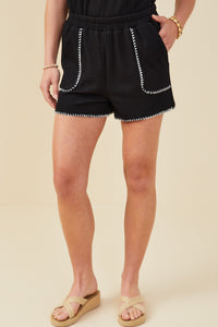 HY9446 Black Womens Contrast Stitch Patch Pocket Rib Knit Shorts Front