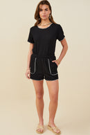 HY9446 Black Womens Contrast Stitch Patch Pocket Rib Knit Shorts Back