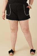 HY9446W Black Plus Contrast Stitch Patch Pocket Rib Knit Shorts Front