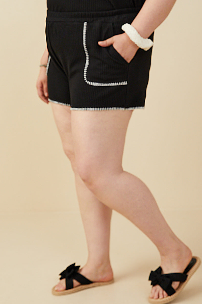 HY9446 Black Womens Contrast Stitch Patch Pocket Rib Knit Shorts Full Body