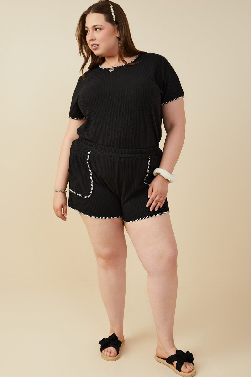 HY9446W Black Plus Contrast Stitch Patch Pocket Rib Knit Shorts Side