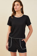 HY9447 Black Womens Contrast Stitch Textured Rib Knit Top Front