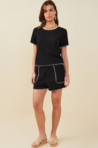 HY9447 Black Womens Contrast Stitch Textured Rib Knit Top Gif