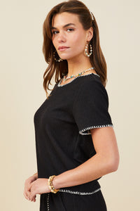 HY9447 Black Womens Contrast Stitch Textured Rib Knit Top Full Body