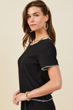 HY9447 Black Womens Contrast Stitch Textured Rib Knit Top Full Body