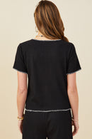 HY9447 Black Womens Contrast Stitch Textured Rib Knit Top Side