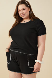 HY9447W Black Plus Contrast Stitch Textured Rib Knit Top Front